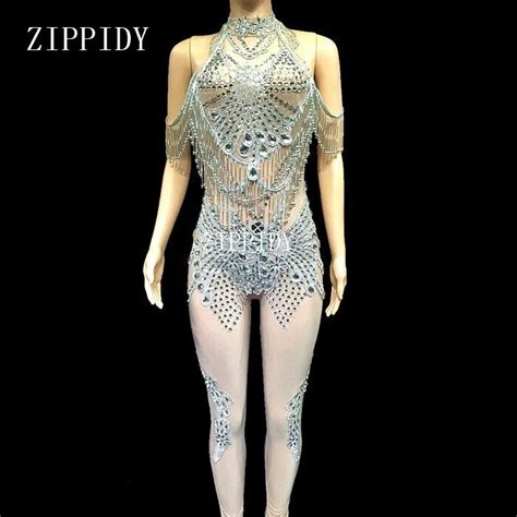 Sexy Silver Crystal Jumpsuit Female Singer Dancer Glass Stones Stretch Bodysuit Costume Outfit