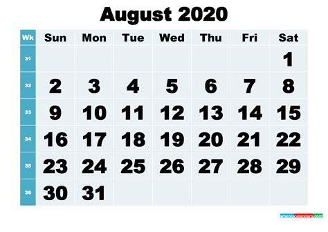 Free Printable August 2020 Calendar Word Pdf Image