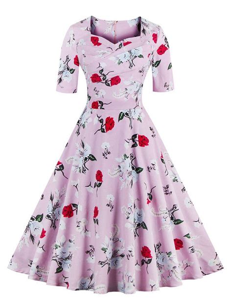 19 Off Vintage Sweetheart Neck Floral Pattern Skater Dress Rosegal