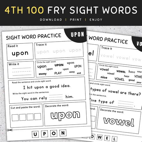 4th 100 Fry Sight Words Frys Fourth 100 Sight Words Worksheets Set