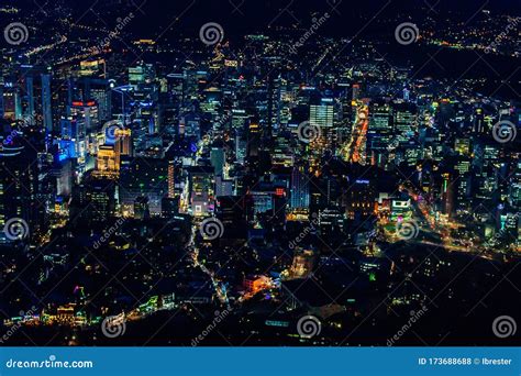 Panoramic High Angle Aerial View Of Downtown City Center Seoul At Night