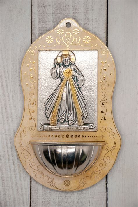 catholic holy water font with devotional plaque 4 5 x etsy