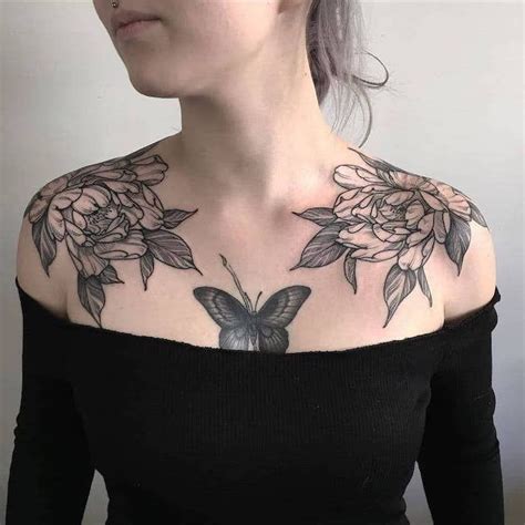Butterfly In The Middle Large Flowers On Both Shoulders Black Top
