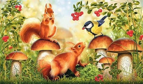 By The Mushrooms Mushroom Squirrel Bird Animals Painting Hd