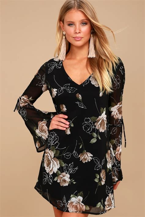 Lovely Black Dress Floral Print Dress Shift Dress Lulus