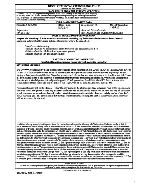 Sample Army Counseling Form Free Download