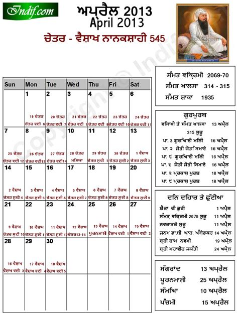 Sikh Calendar Nanakshahi Sikh Jantri April 2015