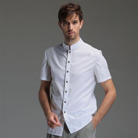 Mandarin Collar Short Sleeve Cotton Shirt White