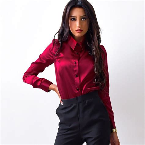 Autumn Women High Quality Silk Satin Blouses Button Lapel Long Sleeve Shirt Ladies Office Work