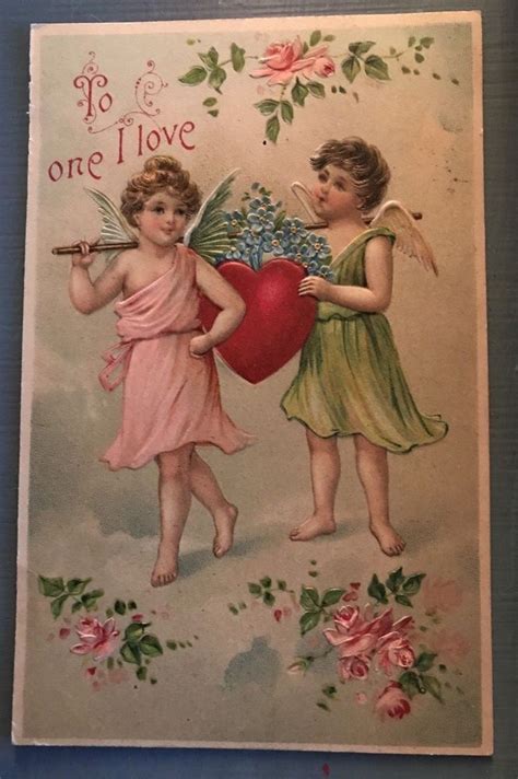 Pretty Cupids With Heart And Flowers Antique Embossed Bw Valentine Postcard G136 Valentinesday