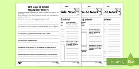 100 Days Of School Newspaper Report Differentiated Writing Template