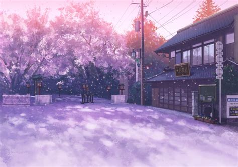 Wallpaper Anime Landscape Sakura Blossom Building Street Petals