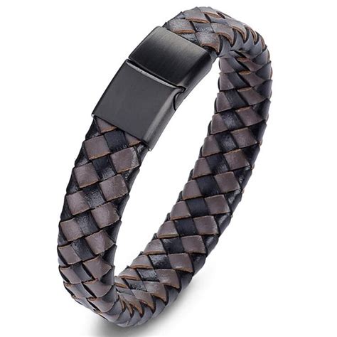 Stainless Steel Leather Braid Bracelet With Magnetic Buckle Clasp Man