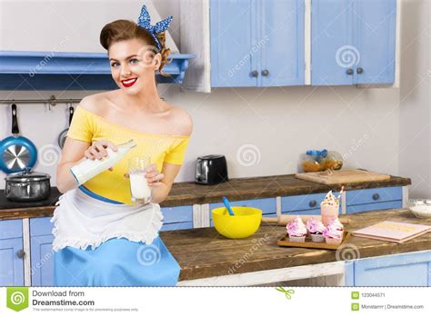 Retro Pin Up Girl Housewife In The Kitchen Stock Image Image Of