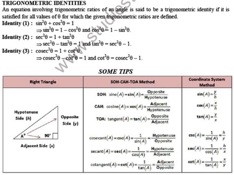 Cbse Class 10 Introduction To Trigonometry Important Formulas And