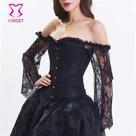 Buy Corzzet Black Jacquard Lace Long Flare Sleeve Sexy Gothic Overbust Corsets