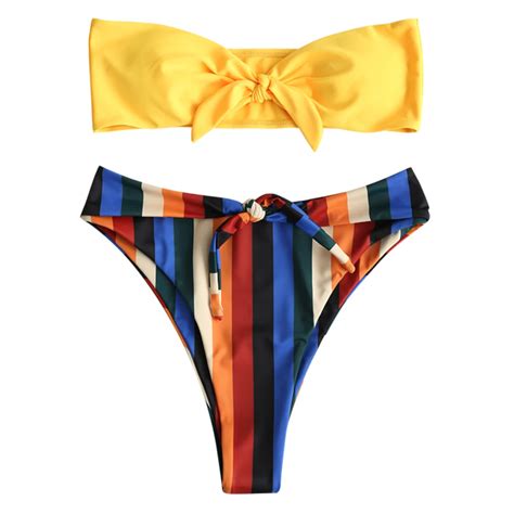 Zaful Colorful Stripe High Waisted Bikini 2019 Bowknot Bandeau Bikini