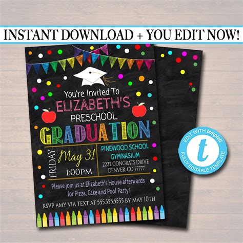 Graduation Invitation Chalkboard Printable Kindergarten Preschool Pre K
