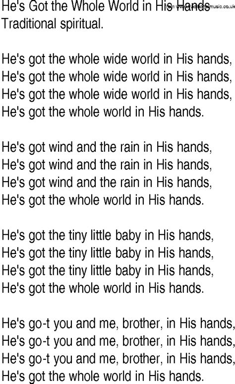 hymn and gospel song lyrics for he s got the whole world in his hands by traditional spiritual