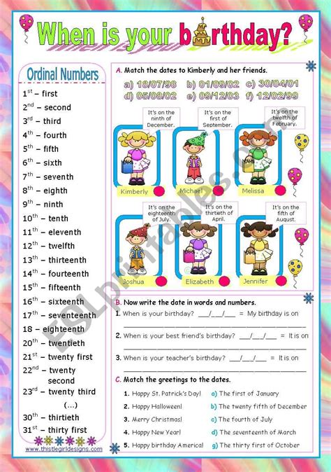 Dates Ordinal Numbers When Is Your Birthday Esl Worksheet By Mena22