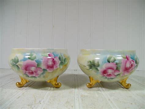 Antique Hand Painted Porcelain Bowls Set Of 2 With Gold Feet