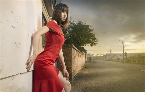 Asian Model Women Short Hair Brunette Leaning Red Dress Wall Trees Clouds Street Light