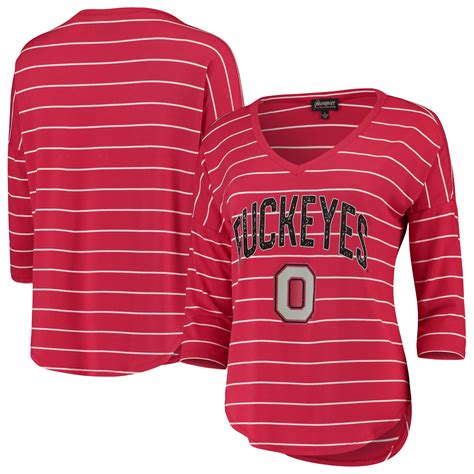 Gameday Couture Ohio State Buckeyes Women S Fall In Line Striped V Neck Half Sleeve T Shirt