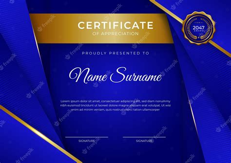 Elegante Plantilla De Certificado De Diploma Azul Y Dorado Con Insignia
