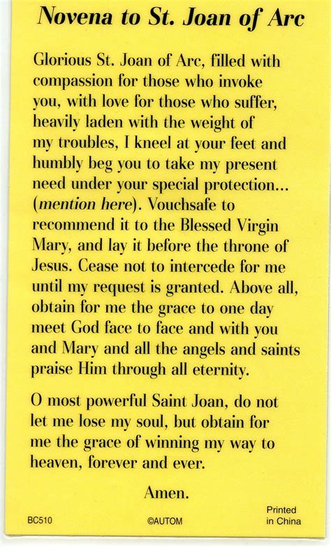 St Joan Of Arc Novena Laminated Holy Cards Quantity 25 Cards