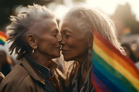 Premium Ai Image Happy Lesbian Couple Kiss And Holding Rainbow Flags On Pride Event Generative Ai