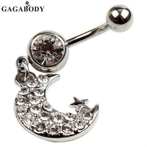 Buy 1pc 316l Surgical Steel Rhinestone Moon Navel Ring Belly Ring Dangle Body