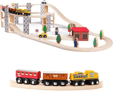 Sainsmart Jr Wooden Train Set Toy With Rail High Level Part 50 Pcs