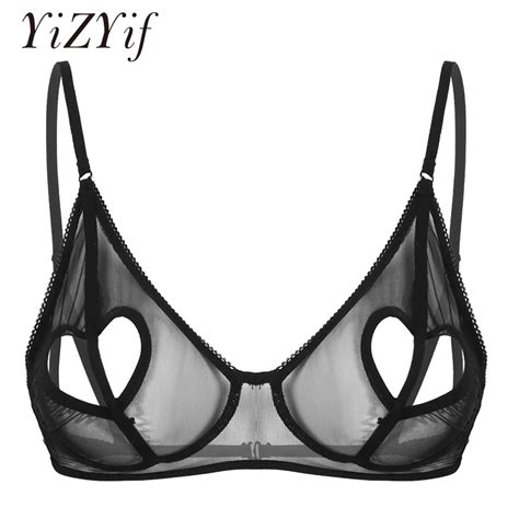 Womens Sexy Open Nipple Bra Naughty Heart Shape Hole Wire Free Unlined Bra Top See Through
