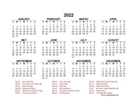2022 Year At A Glance Calendar With Hong Kong Holidays Free Printable