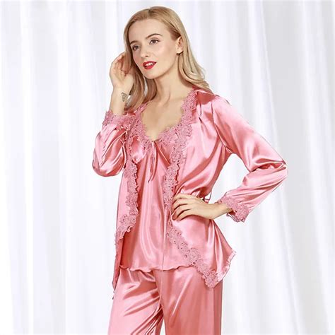 Piece Spring Autumn Elegant Womens Silk Satin Sleep Suit Pcs Pajama Sets Women Lounge