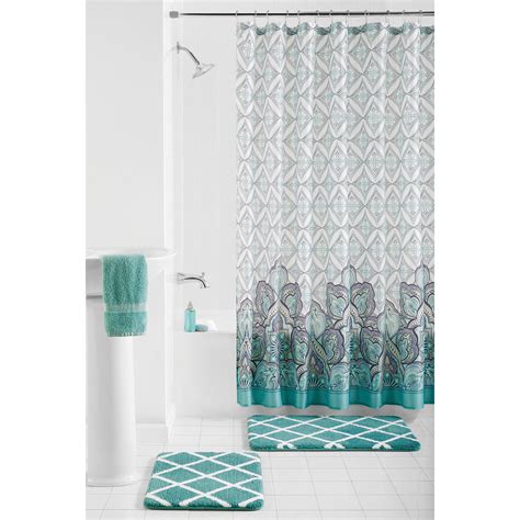 Mainstays Pandora 15 Piece Damask Polyester Shower Curtain Set Aqua