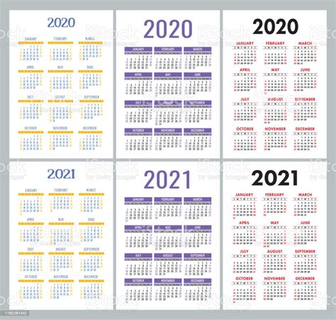 Ilustración De Calendario 2020 2021 Años Conjunto De Vectores Coloridos La Semana Comienza El