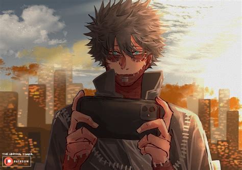 An Anime Character Holding A Tablet In Front Of A Cityscape With