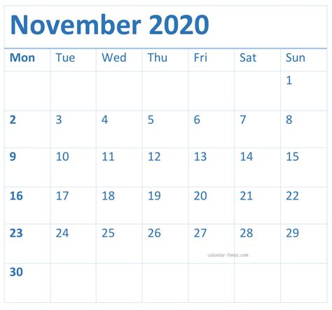November 2020 Calendar Excel Pdf Word Template