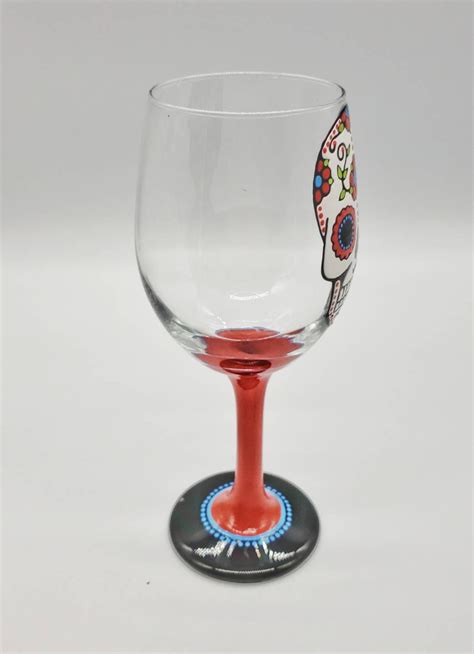 Red Sugar Skull Hand Painted Wine Glass In Stemmed Or Stemless Etsy
