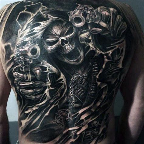 Mens Skull With Revovlers Full Back Great Tattoo Ideas Bestmenstattoos