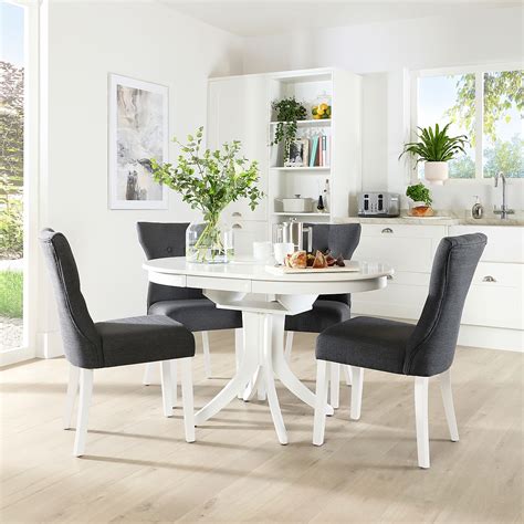 Hudson Round White Extending Dining Table With Bewley Slate Fabric Chairs Furniture Choice