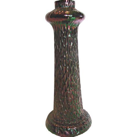 Bohemian Czech Kralik Art Glass Vase Thick Thread Iridescent Green C