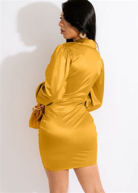 Wholesale Fall Sexy Yellow Satin Puff Sleeve Ruched Club Dress Global