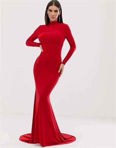 Club L High Neck Long Sleeve Fishtail Maxi Dress With Open Back Thong