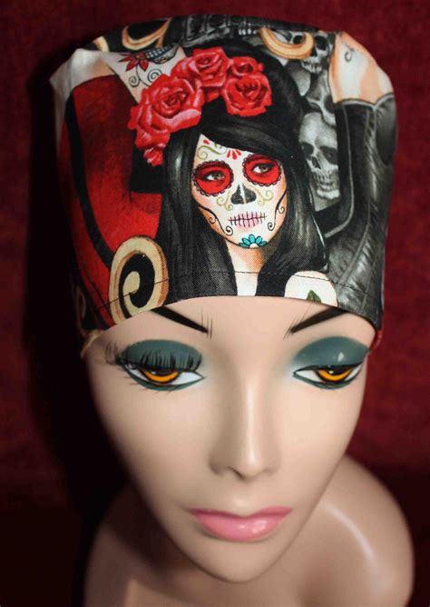 Day Of The Dead Pin Up Girl Skull Cap Back Has Elastic And Etsy
