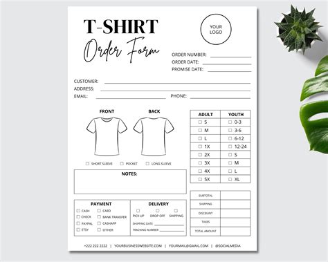 Editable T Shirt Order Form Template Printable Small Business Etsy Uk