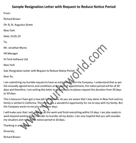 Sample Resignation Letter With Request To Reduce Notice Period Hr