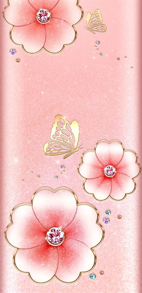 Butterfly Floral Flower Gold Golden Jewel Pink Hd Phone Wallpaper