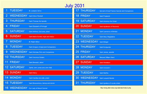 July 2031 Roman Catholic Saints Calendar